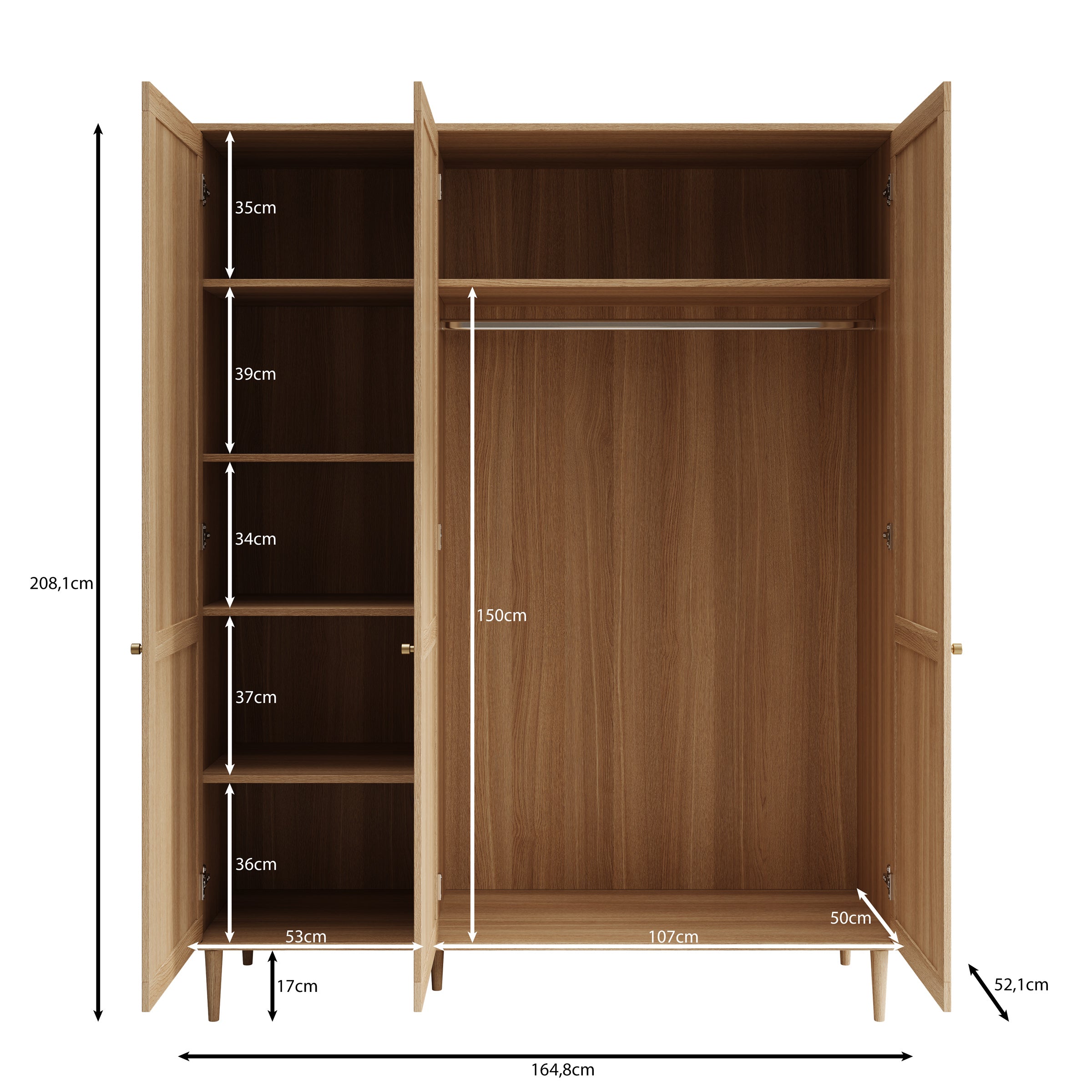 Crimson - Kledingkast met 3 deuren - Eiken - 165x52x208 cm