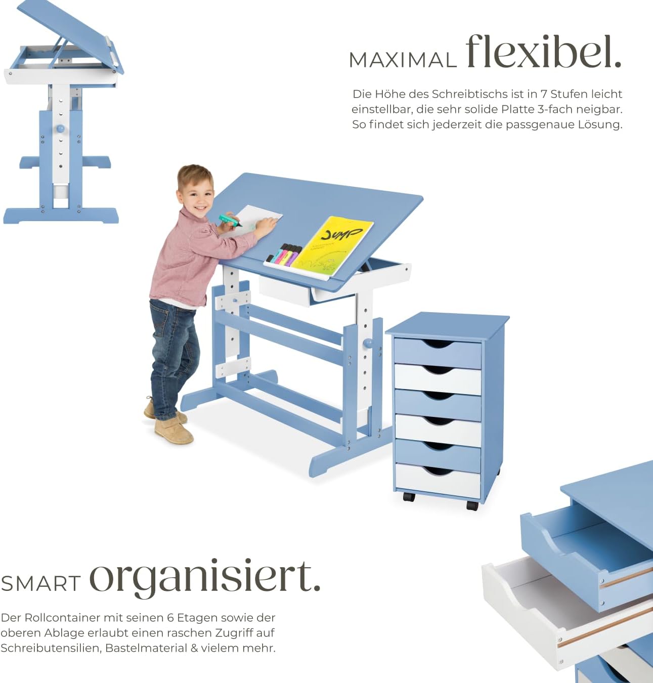 tectake® höhenverstellbarer Schreibtisch, Kindertisch, Kinderschreibtisch höhenverstellbar und neigbar mit Schreibtisch Zubehör Rollcontainer mit Schubladen, Kinderzimmer Möbel, Jugendzimmer - blau