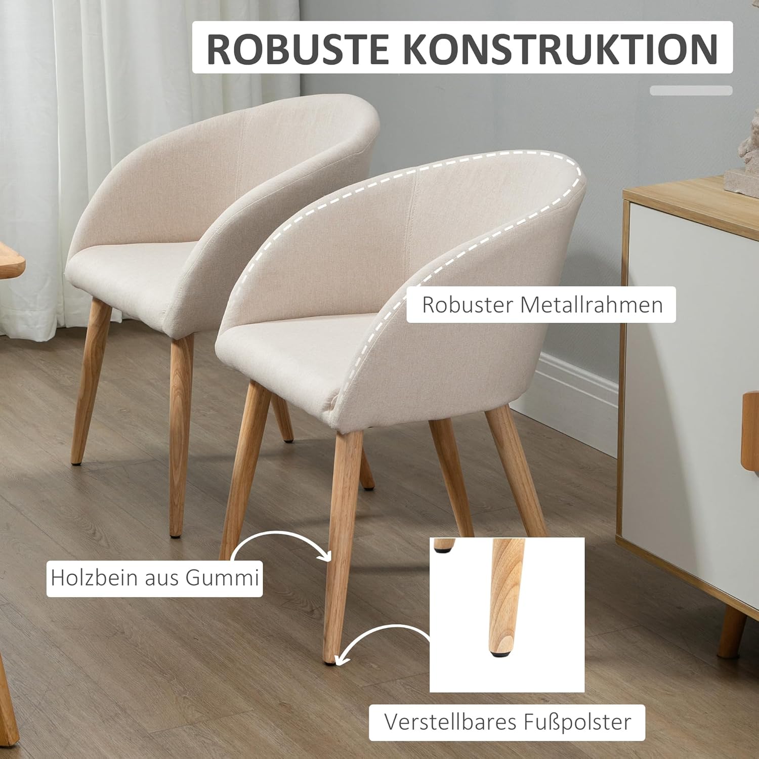 HOMCOM Esszimmerstühle 2er Set Küchenstuhl mit Rückenlehne, Leinen-Optik, modern Polsterstuhl mit Armlehne, Holzbeine, Sessel für Esstisch, Essstuhl für Lounge Wohnzimmer Esszimmer, Beige