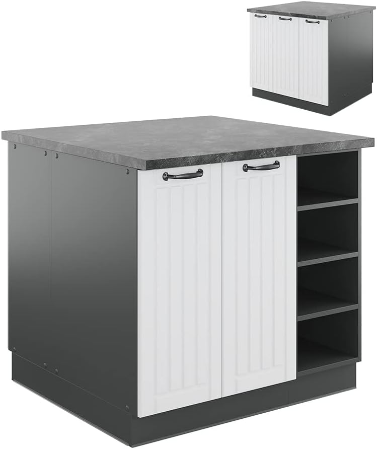 Vicco Kücheninsel Fame-Line, Weiß Landhaus/Anthrazit/Anthrazit, 90 cm ohne Arbeitsplatte