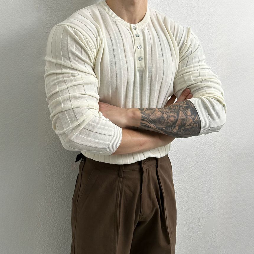 Okwano - Henley-top met lange mouwen en ronde hals, effen gebreid