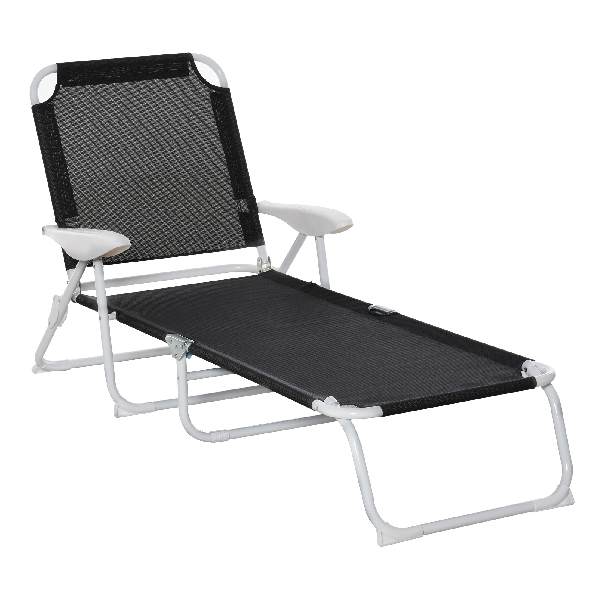 Espreguiçadeira de jardim reclinável e dobrável Outsunny com encosto ajustável em 4 posições, estrutura de metal, tecido textilene respirável, 186x66x80 cm, preta.