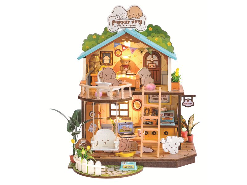RoboTime Bausatz Welpen Villa 3D-Puzzle aus lasergeschnittenen Holzteilen