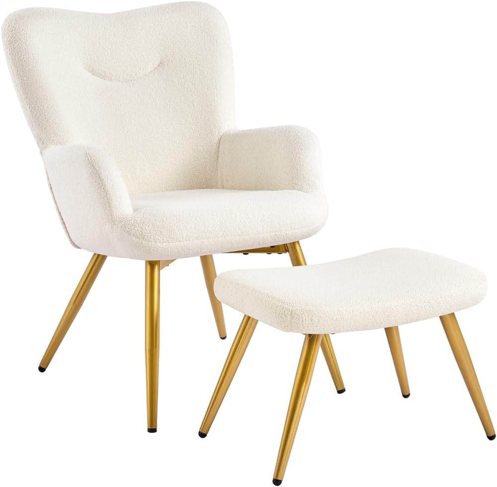 Yaheetech Sessel Ohrensessel mit Hocker aus Boucle-Gewebe, Relaxsessel mit Fußstütze, Loungesessel mit Klappbarer Rückenlehne, Fernsehsessel für Wohnzimmer/Schlafzimmer Elfenbein