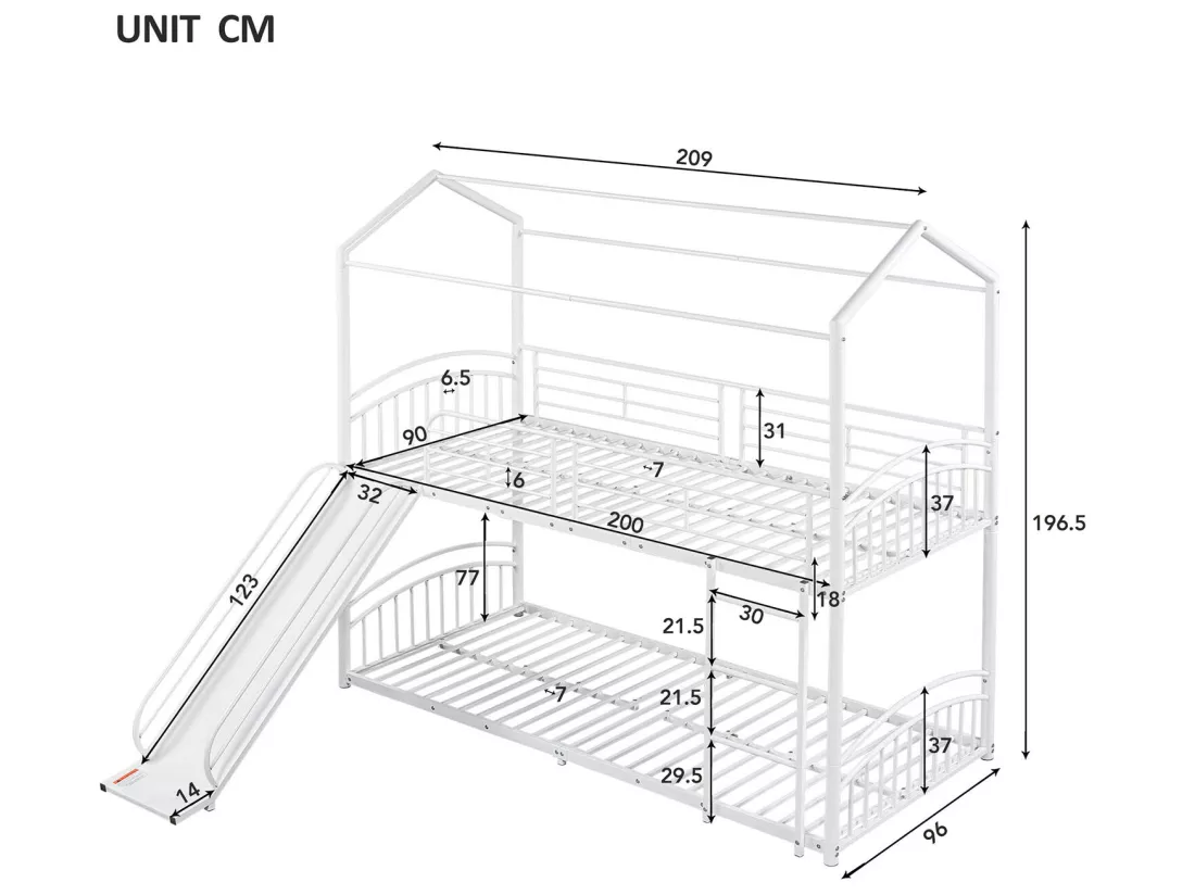Lit mezzanine - 2 x 90 x 200cm - Avec escalier et toboggan - Blanc - Sweiko
