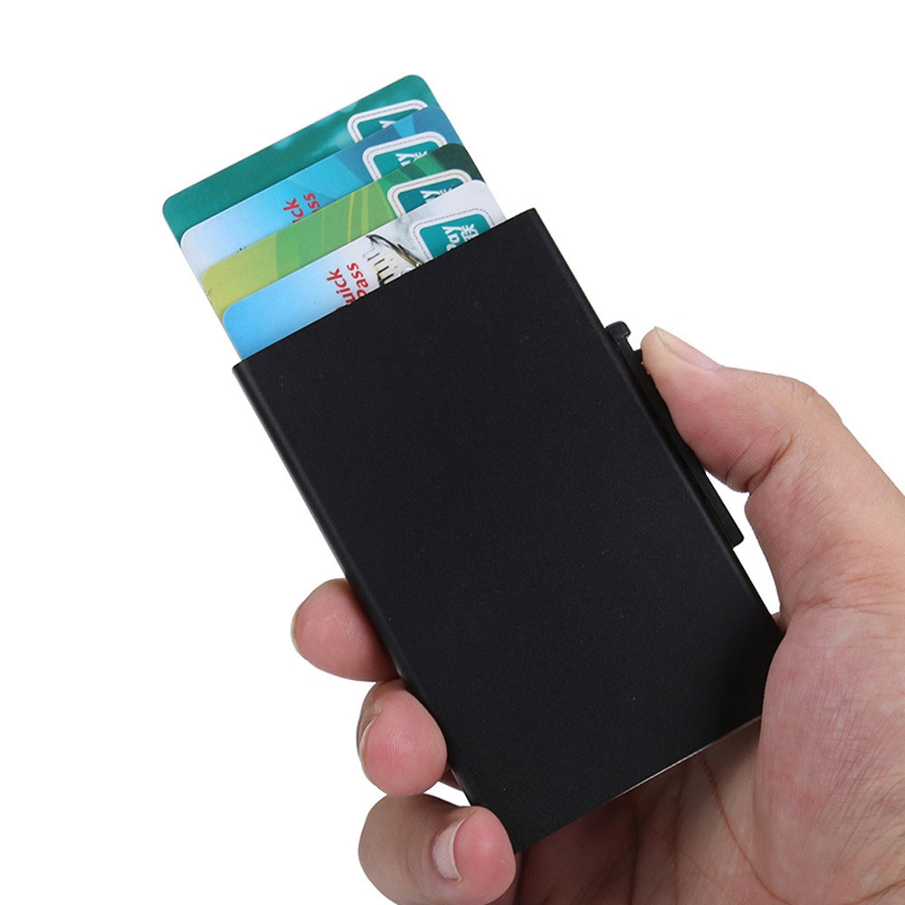 Mini Kreditkarten Alu Etui mit Kartenauswurf-Mechanismus (RFID Schutz) - Grau