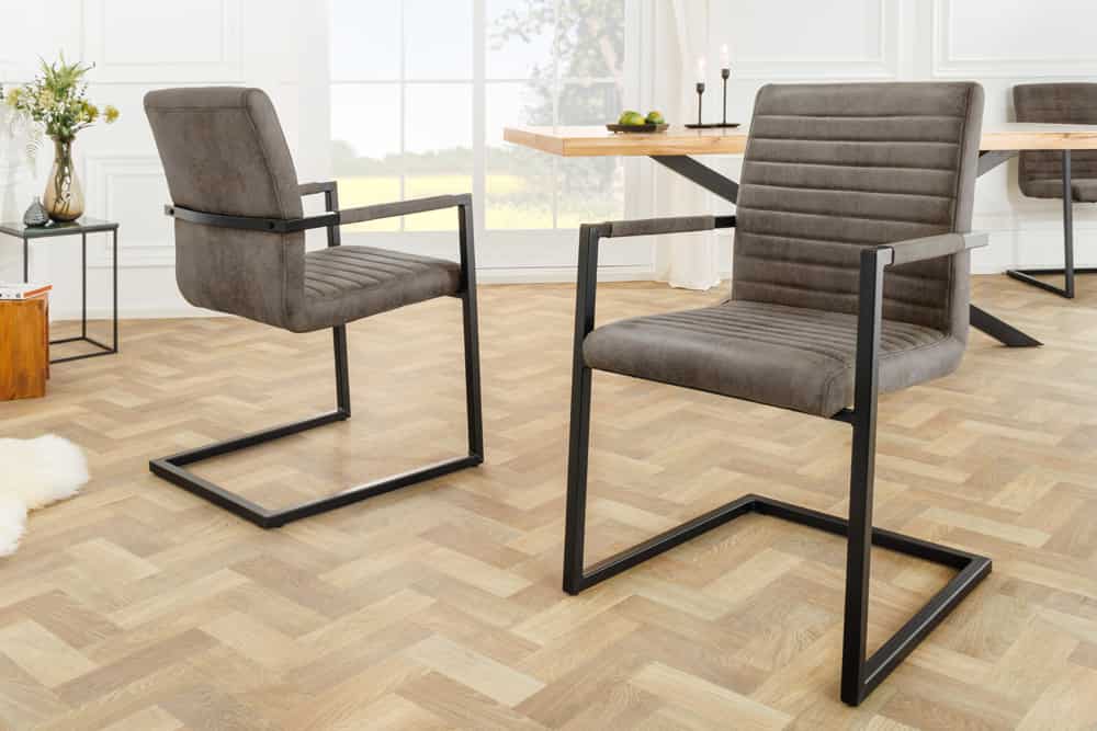 Moderner Freischwinger Stuhl LOFT taupe grau Microfaser mit Armlehne Eisengestell schwarz