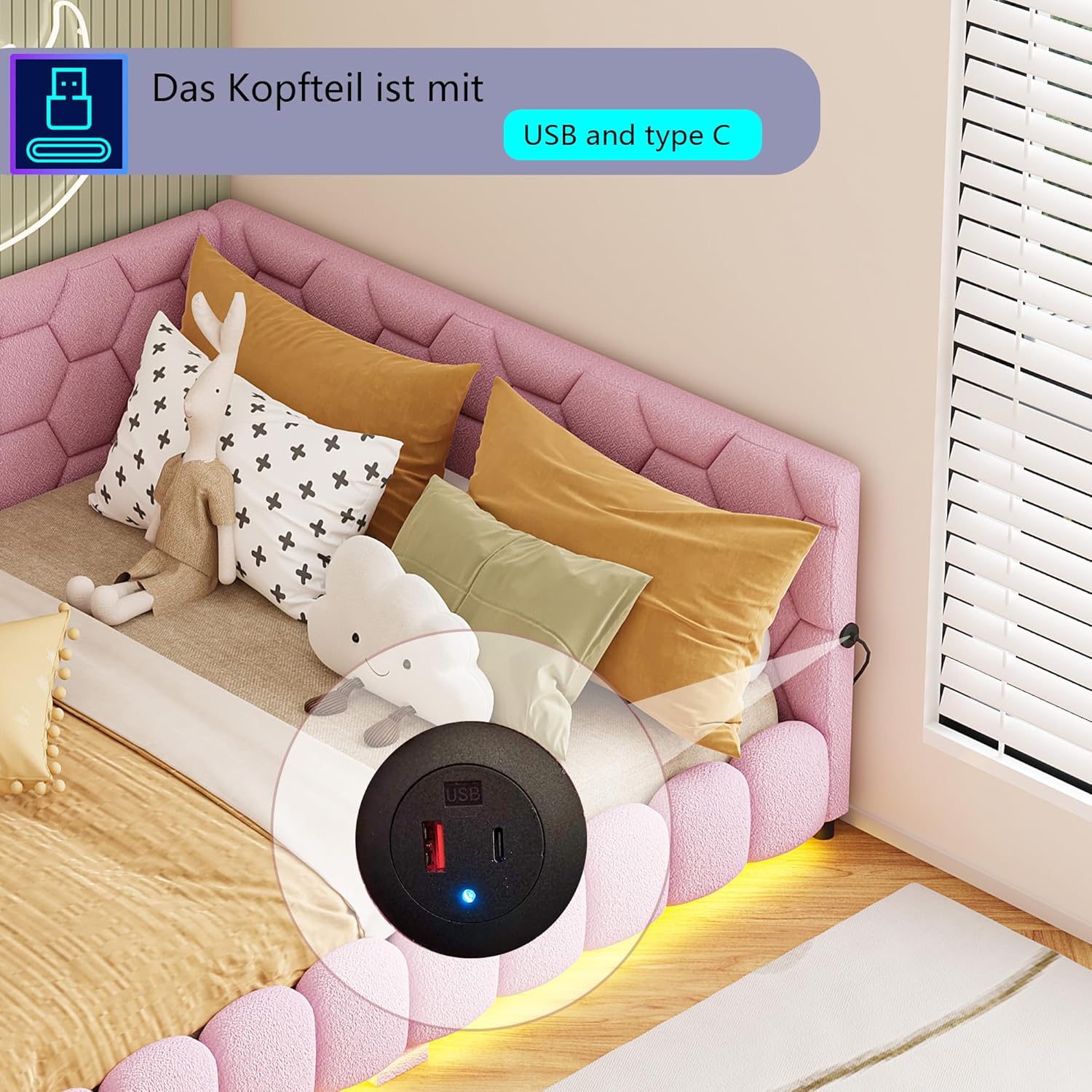 Polsterbett Schlafsofa 140x200cm, mit Umgebungslicht und USB-Anschluss, Kinderbett mit Lattenrost, Funktionsbett, Jugendbett,Lammwollmaterial, Rosa