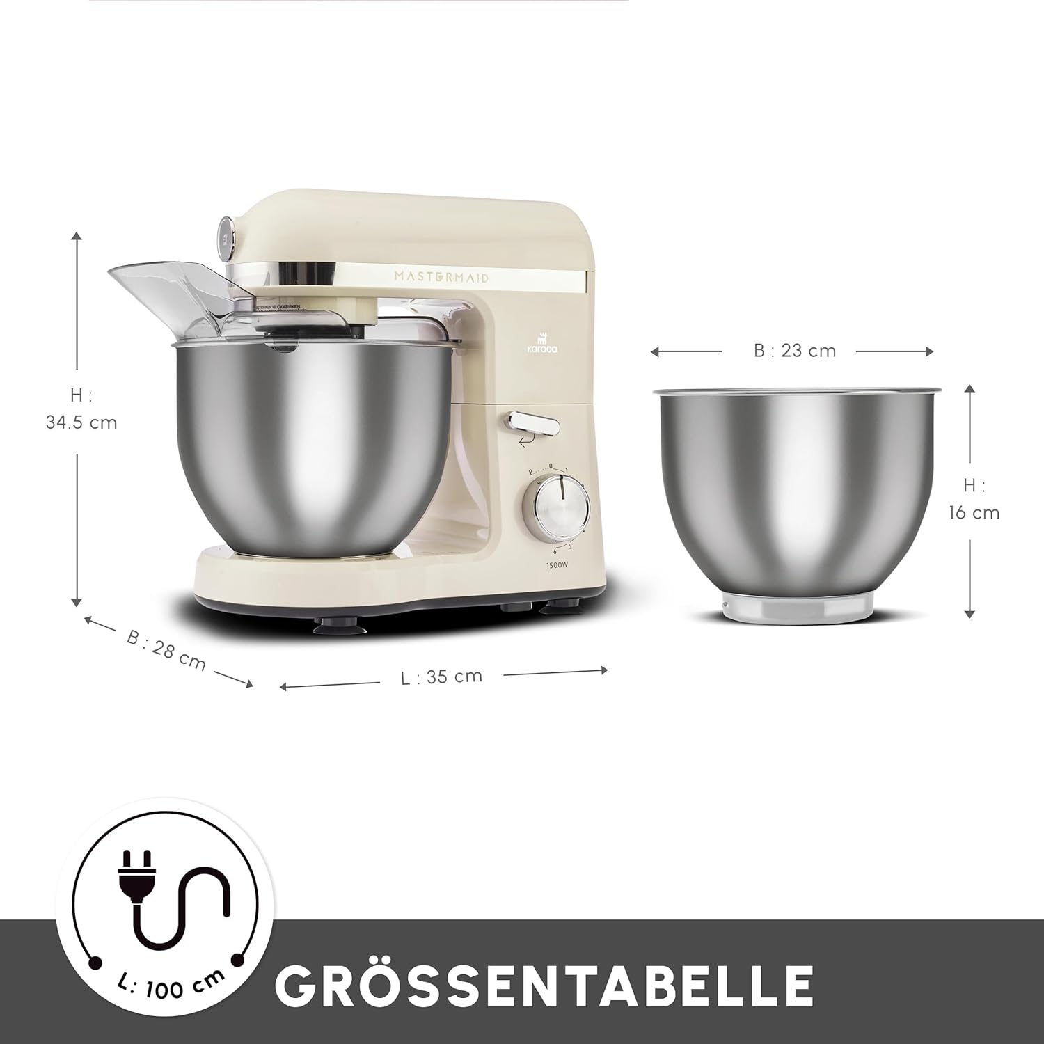 Karaca Mastermaid Chef Pro Double Armed Küche Koch 1500W Soft Cream, Glänzend Cream, 1500W, 5 L Mixer, Food Processor, Geschwindigkeitseinstellung, Knethaken, Verquirlen, Kneten und Mischen