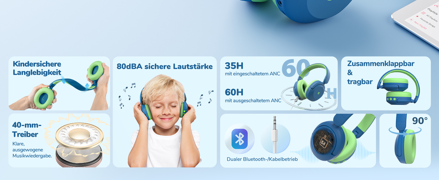 BTH20 Headphone Kids BT LED Bluetooth Kopfhörer Over-Ear 74/85dB Lautstärkeeinstellungen mit Noise Cancelling (C02-2102N-01) - Blau / Grün
