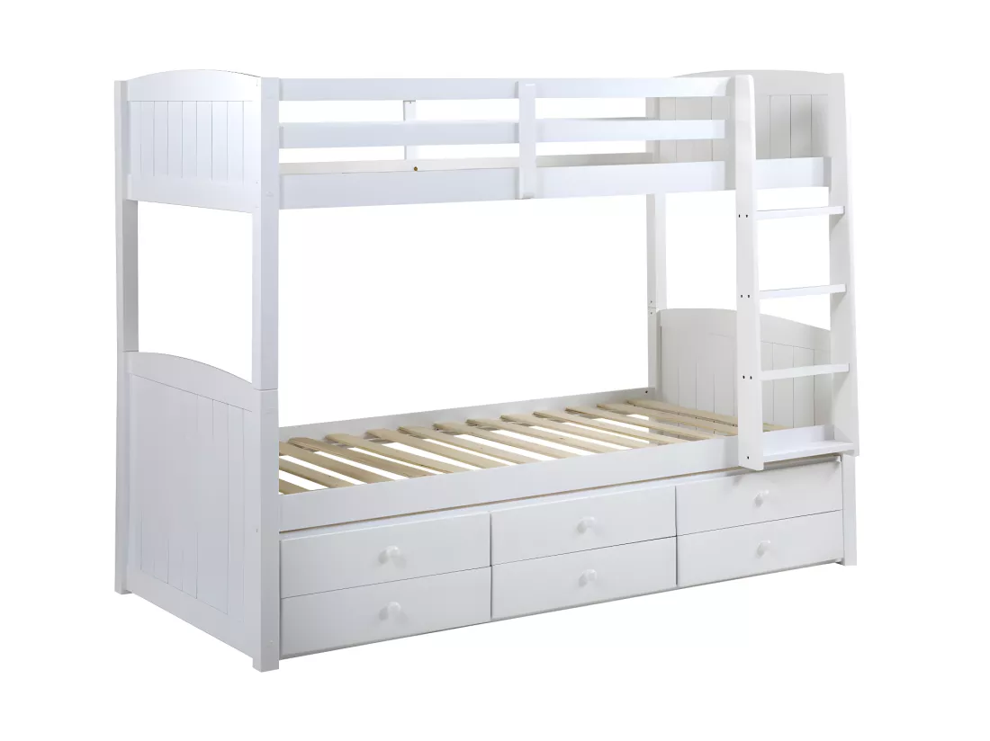 Lits superposés séparables ANCHISE II - 2 x 90 x 190 cm - Avec rangements - Pin blanc + matelas