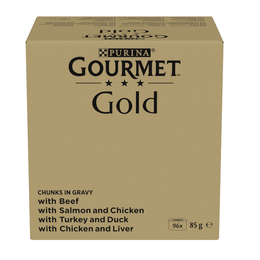 Petiscos gourmet dourados para gatos em latas com molho.