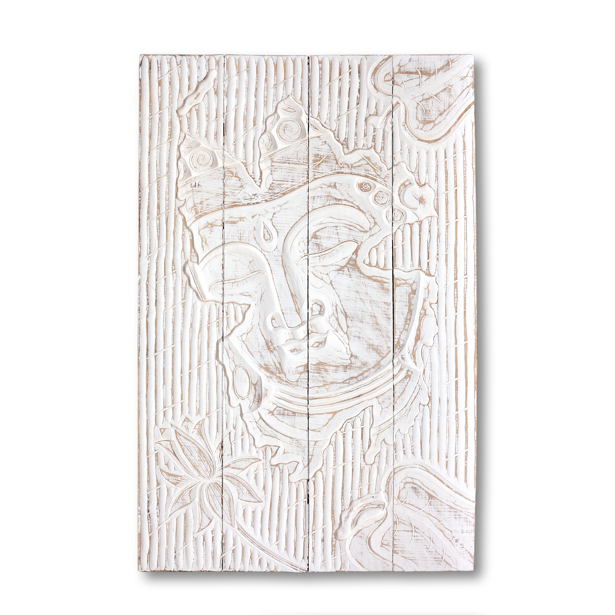 Holz-Panel 'Buddha', whitewash, H 100 cm, B 60 cm, L 5 cm von fischer's lagerhaus