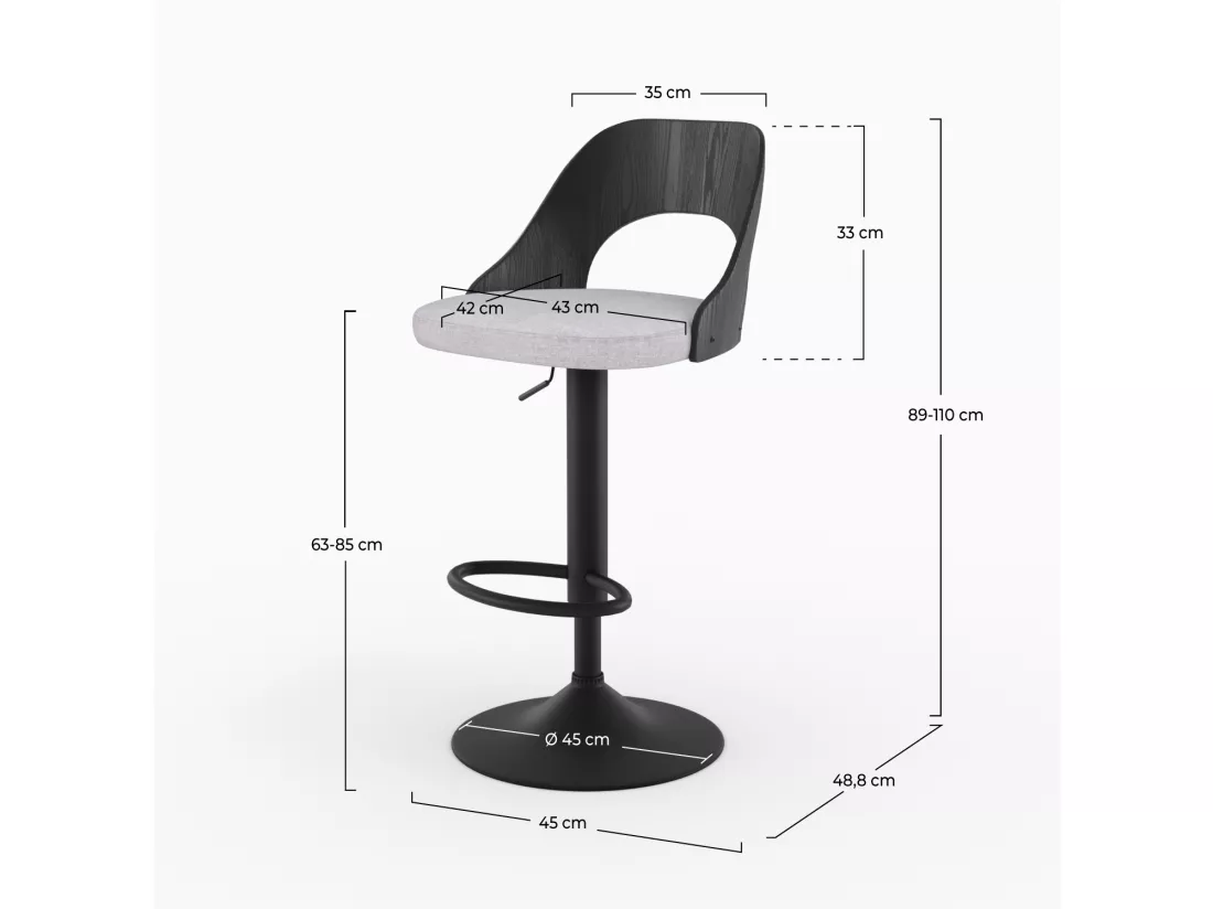 Lot de 2 chaises de bar réglables (63-85 cm) en tissu gris clair chiné - Emily