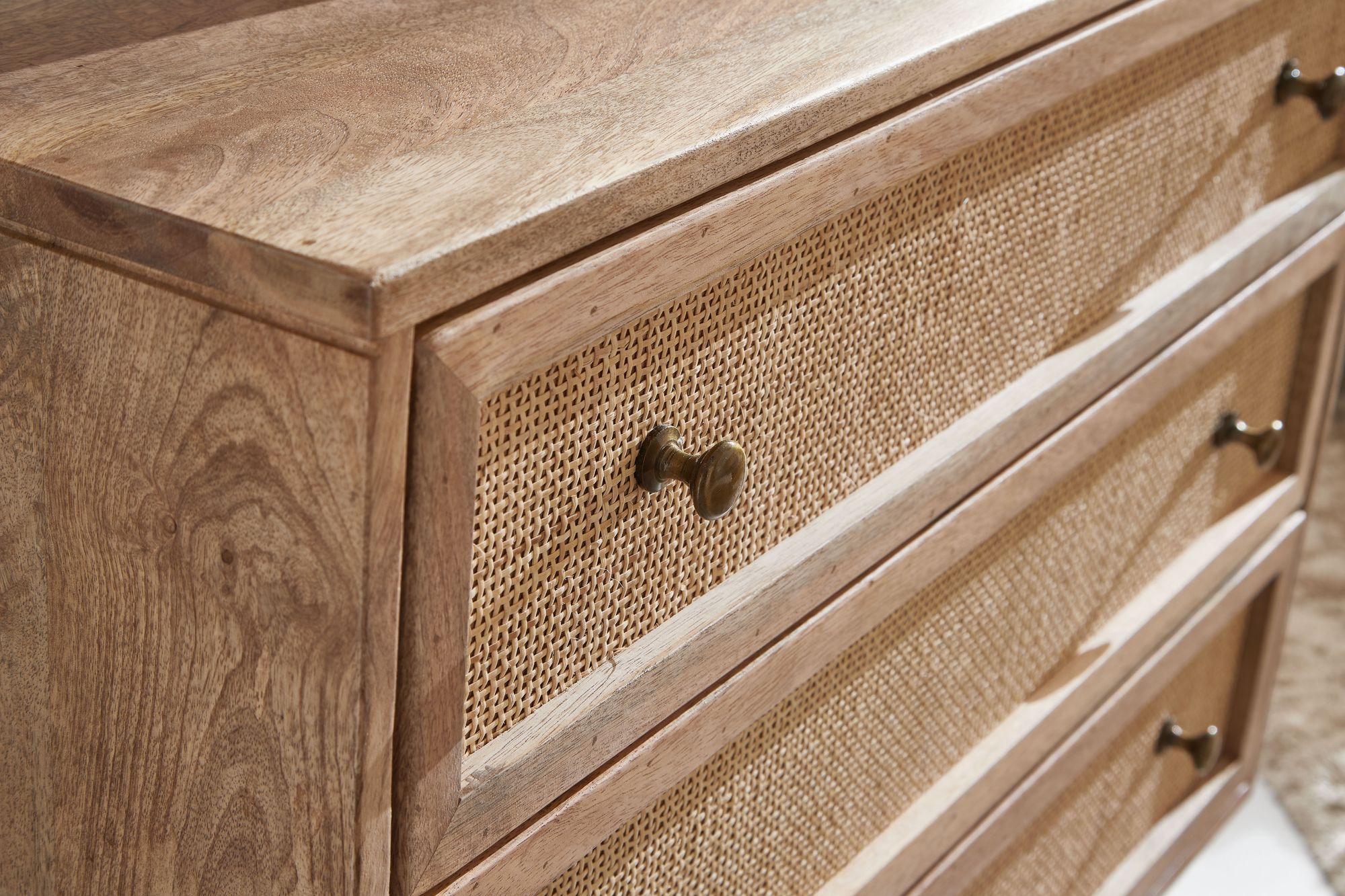 FineBuy Sideboard 80x75x40 cm Mango Massivholz Rattan Anrichte Kommode 3 Schübe
