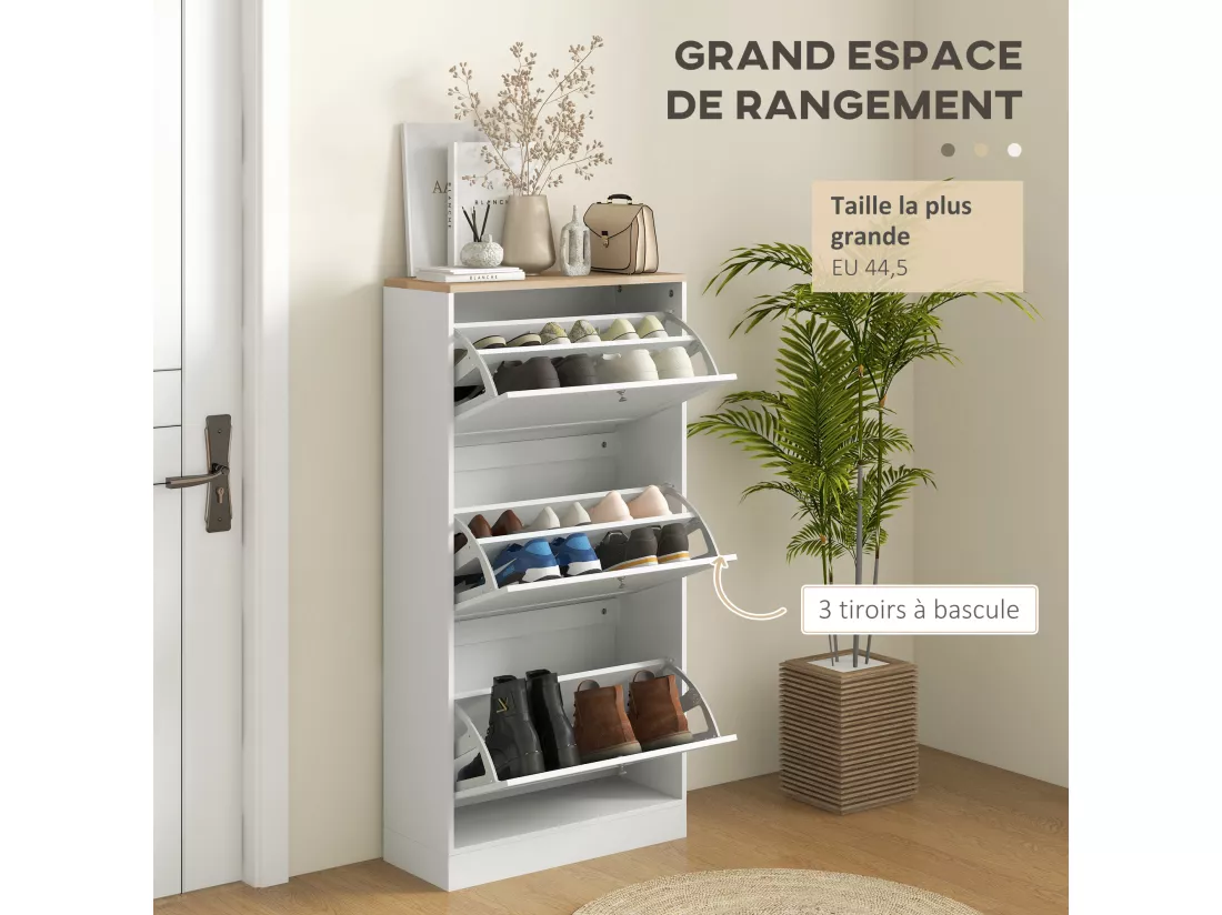 Armoire à chaussures 3 portes abattantes 2 compartiments panneaux particules blanc aspect chêne clair