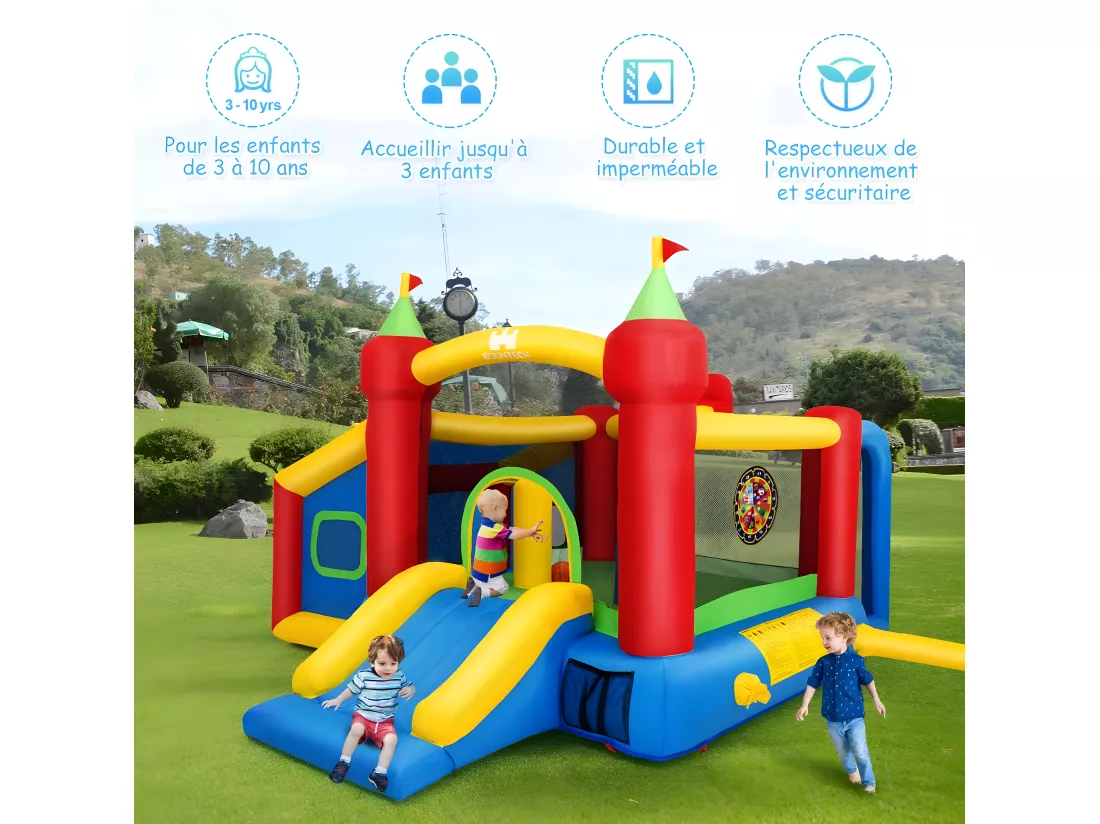 Château Gonflable Grande Aire de Jeux Multifonctionnel en Nylon et Oxford avec Toboggan,Boules et Sac 380 x 305 x 215 CM