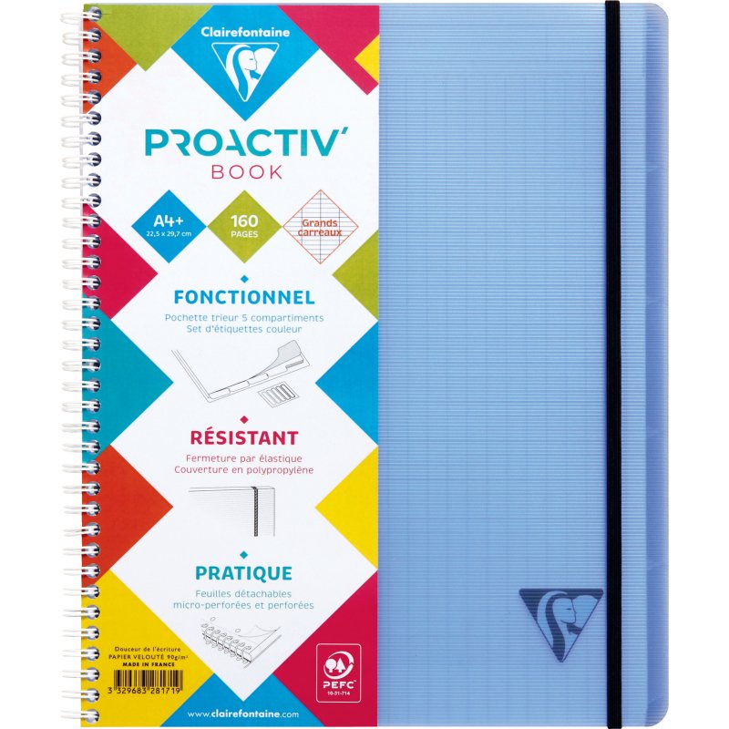 Cahier spirale Clairefontaine Proactiv'Book Linicolor Fesh 22,5 x 29,7 cm assorti aléatoire grands carreaux avec cadre en-tête-160 pages