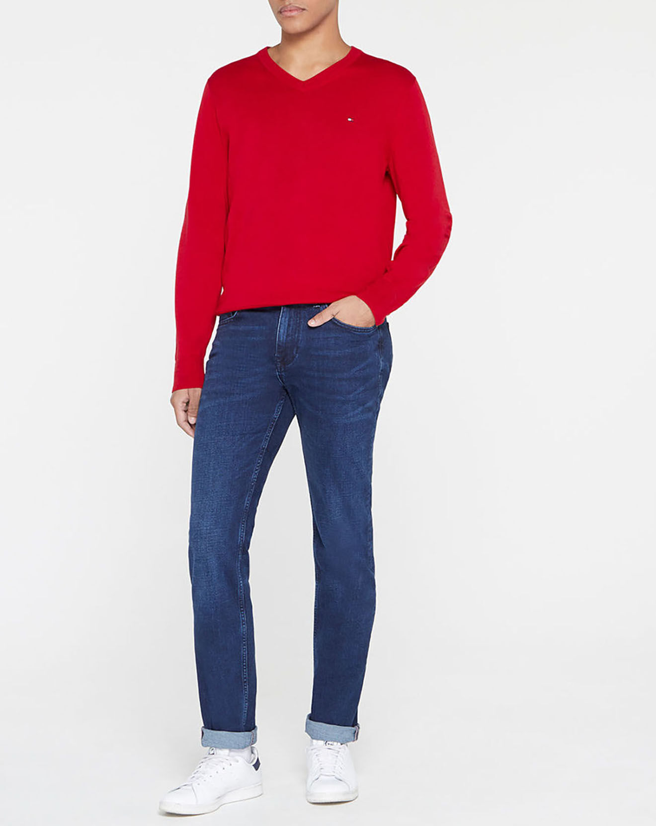 Tommy Hilfiger Pull col V en Coton Bio & Soie rouge