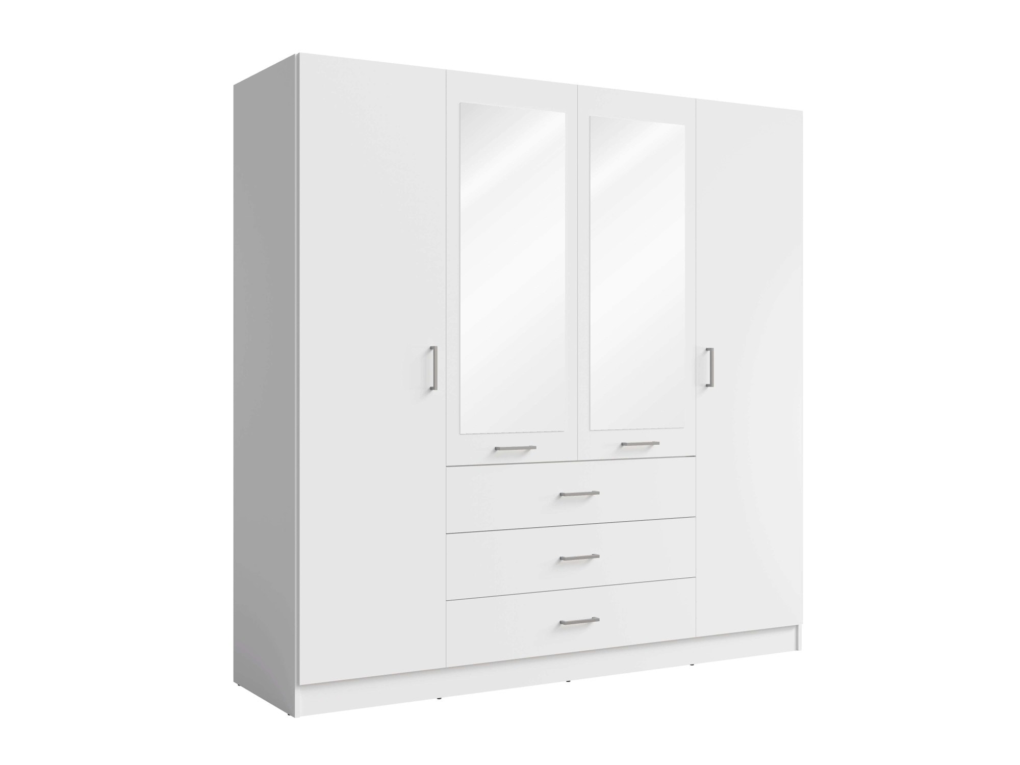 Home affaire Kleiderschrank »KOS Garderobe mit 3 Schubladen, Kleiderstange, 8 Einlegeböden, Spiegel« Wäscheschrank mit 4 Drehtüren, silber Griffen, Masse B/H/T 200/200/58cm