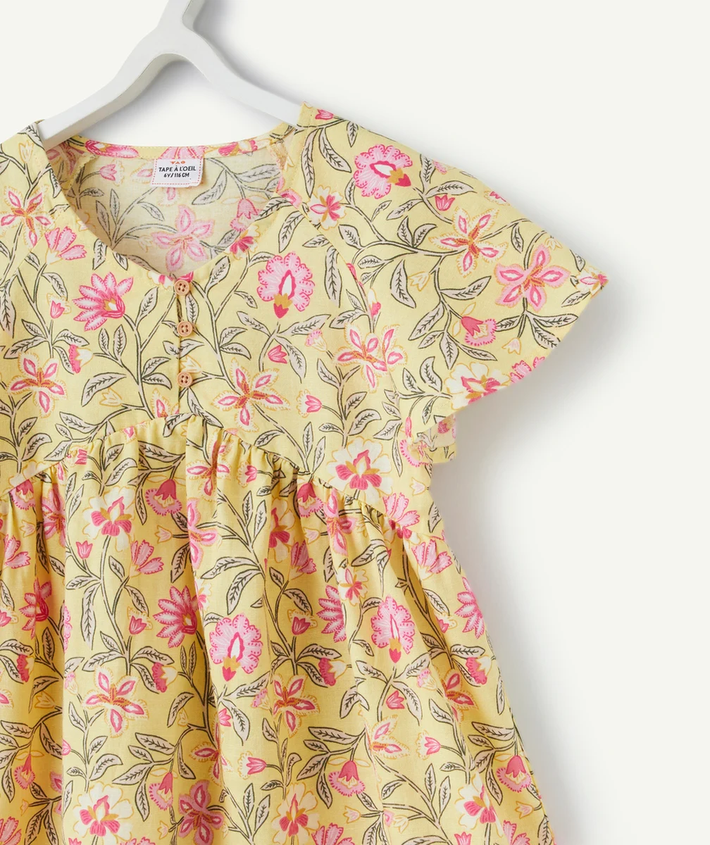 robe manches courtes fille jaune avec imprimé à fleurs