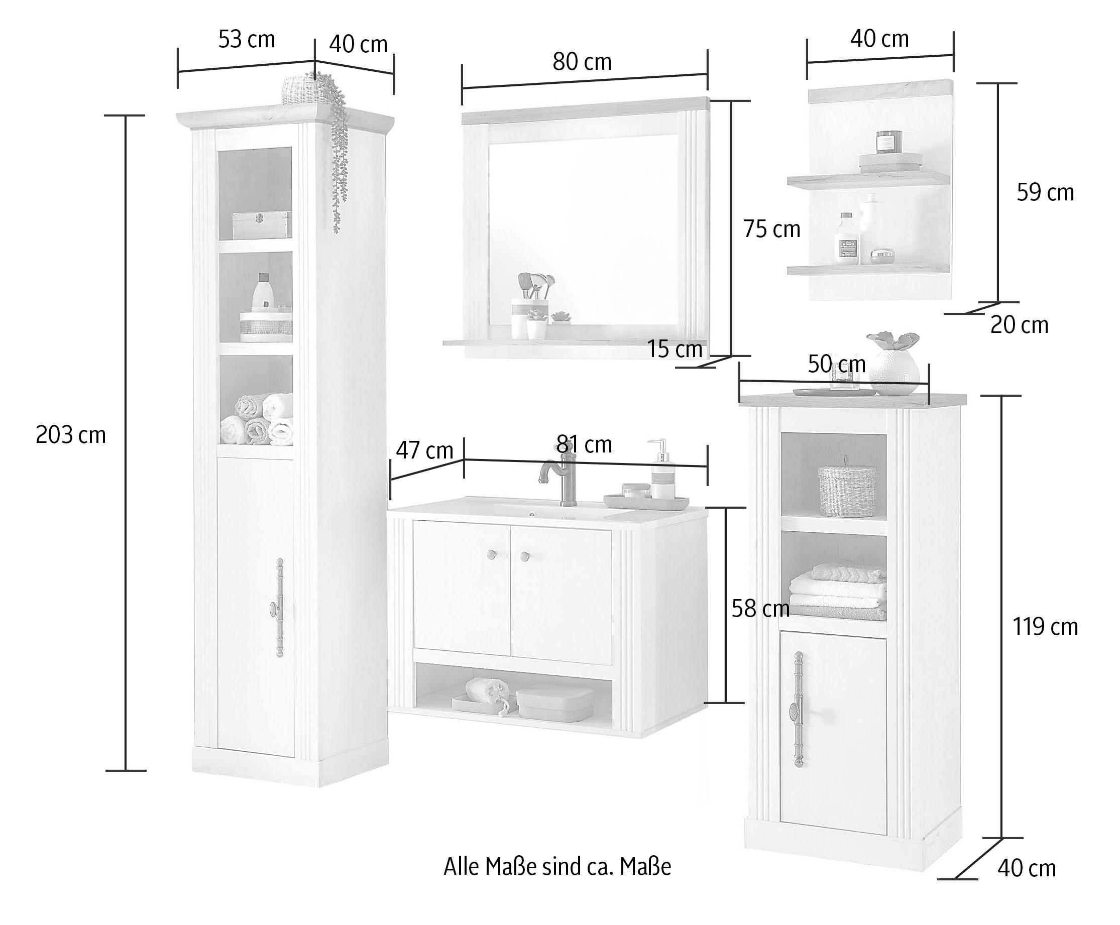 Home affaire Badmöbel-Set »WESTMINSTER, Bad im Landhausstil, 5-teiliges Badezimmer« 5 Stk. tlg.