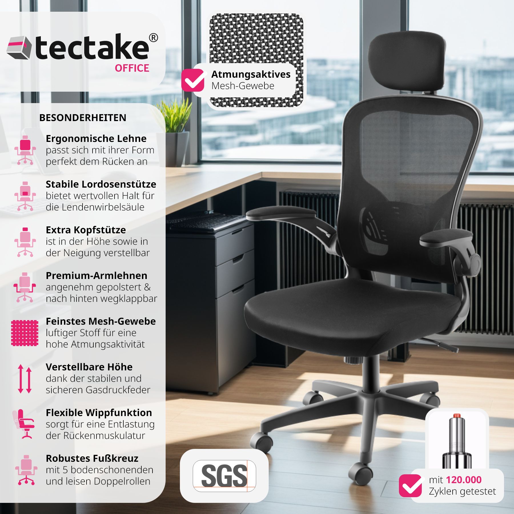 tectake® Bürostuhl, ergonomische Form mit verstellbarer Lordosenstütze und verstellbarer Kopfstütze, mit Netzstoffbezug, klappbare Armlehnen und Wippfunktion, stufenlos höhenverstellbar