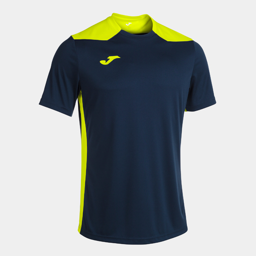 Camiseta Joma Championship de manga curta, azul marinho e amarelo fluorescente.