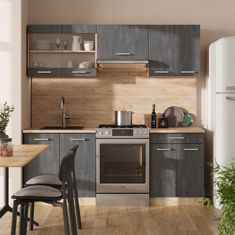 Vicco Küchenzeile R-Line 200 cm Schwarz Beton Eiche mit Arbeitsplatte Weiß-Marmor