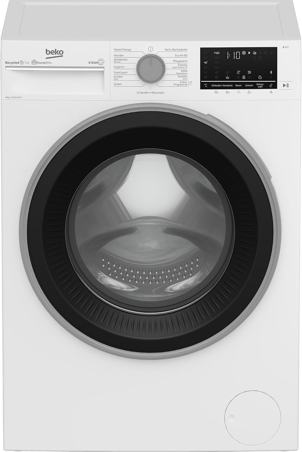 Beko B3WFU59415W2 b300 Waschvollautomat, 9 kg, Waschmaschine, Restzeitanzeige, 1400 U/min, Dampffunktion, AddXtra-Nachlegefunktion, Bluetooth, StainExpert, Hygiene+ allergikergeeignet, Weiß