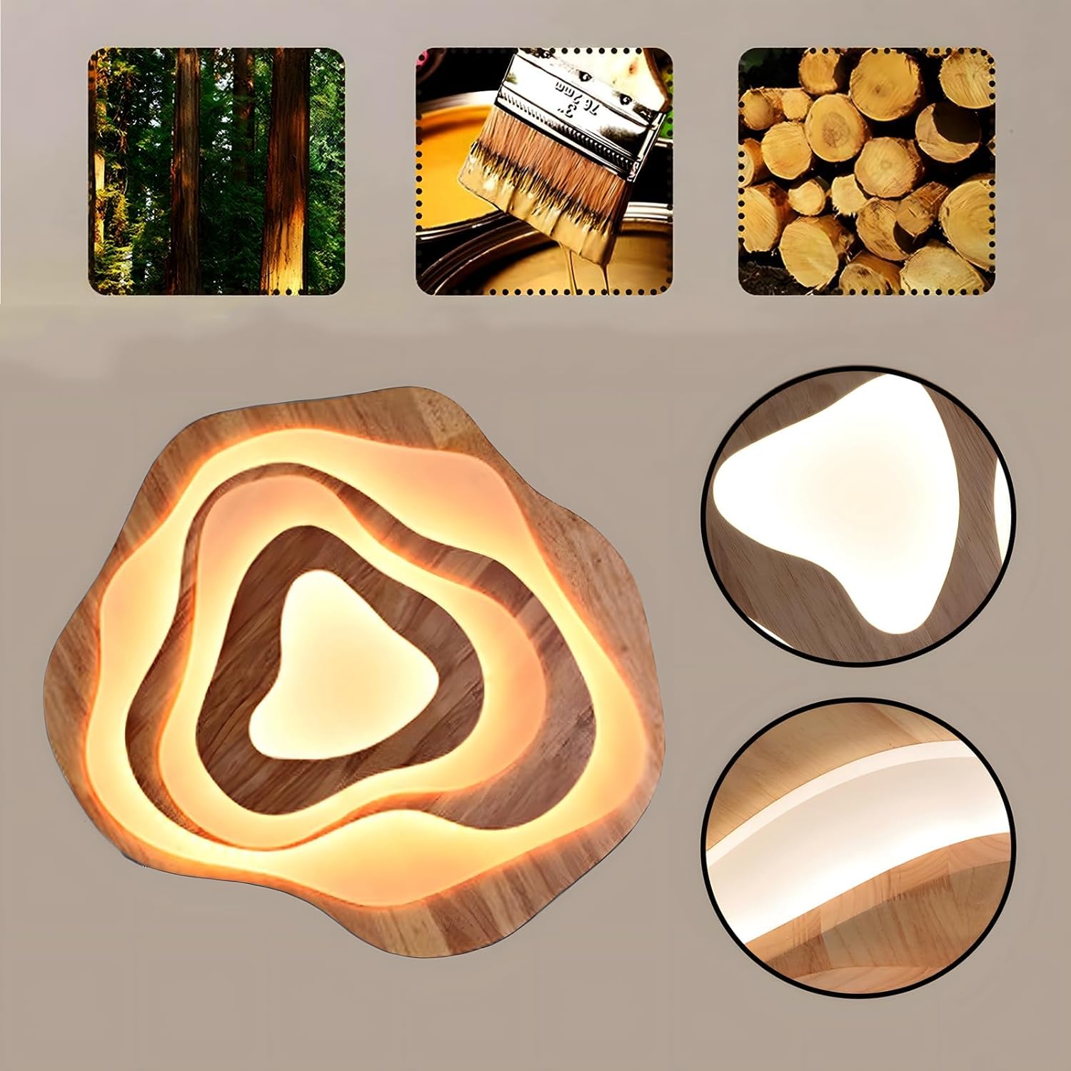 LED-Deckenleuchte Aus Holz | Ø57cm 50W 4300lm | 3000K-6000K Dimmbar Mit Fernbedienung, Moderne Wolkenlampe Aus Natürlichem Holz + Acryl, Wohnzimmer, Kinderzimmer, Küche, Esszimmer, Heimbüro