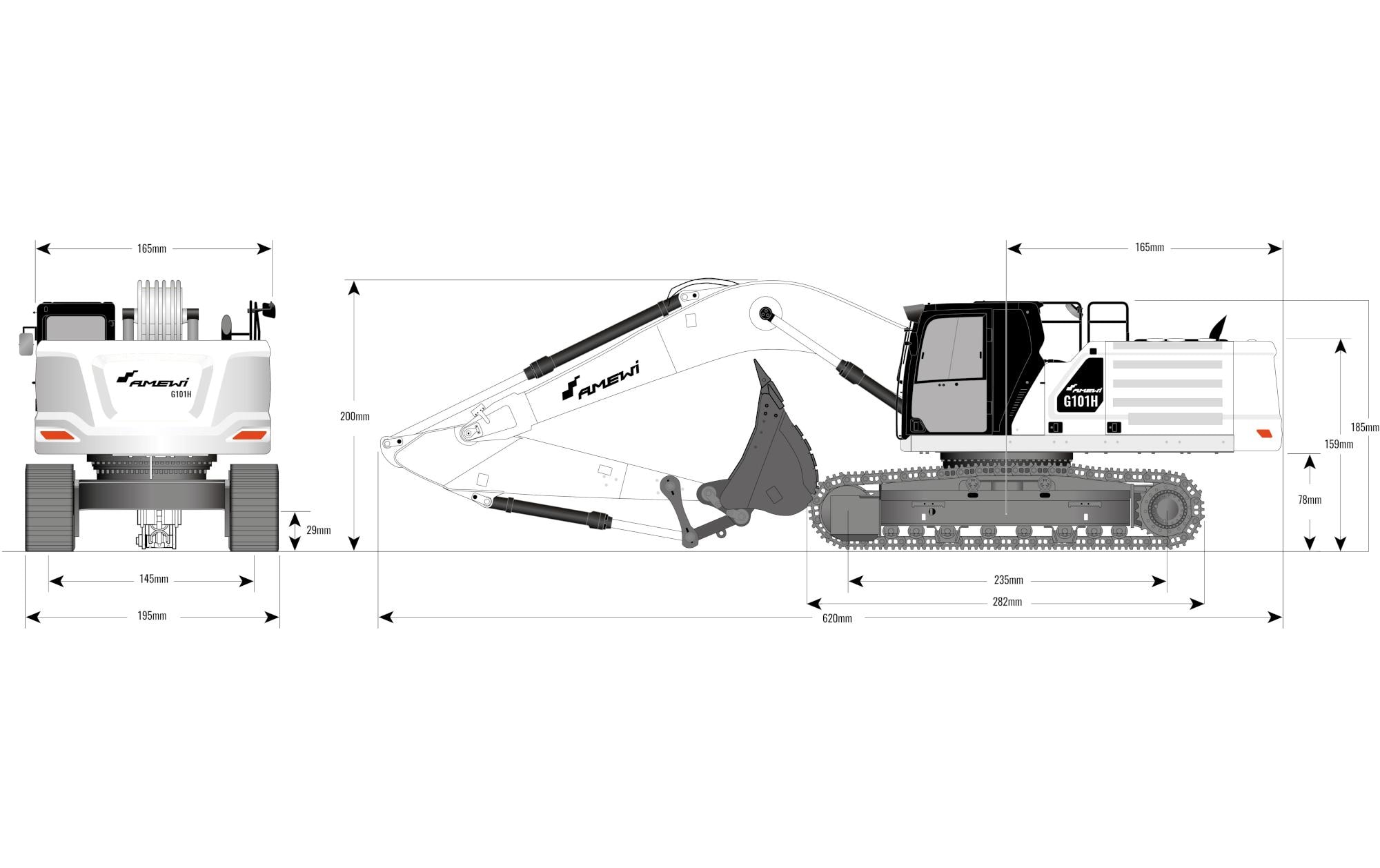 Kettenbagger G101H, Vollmetall, Hydraulik, Weiss 1:16, RTR<br>Edler, Voll funktionsfähiger Hydraulik Bagger
