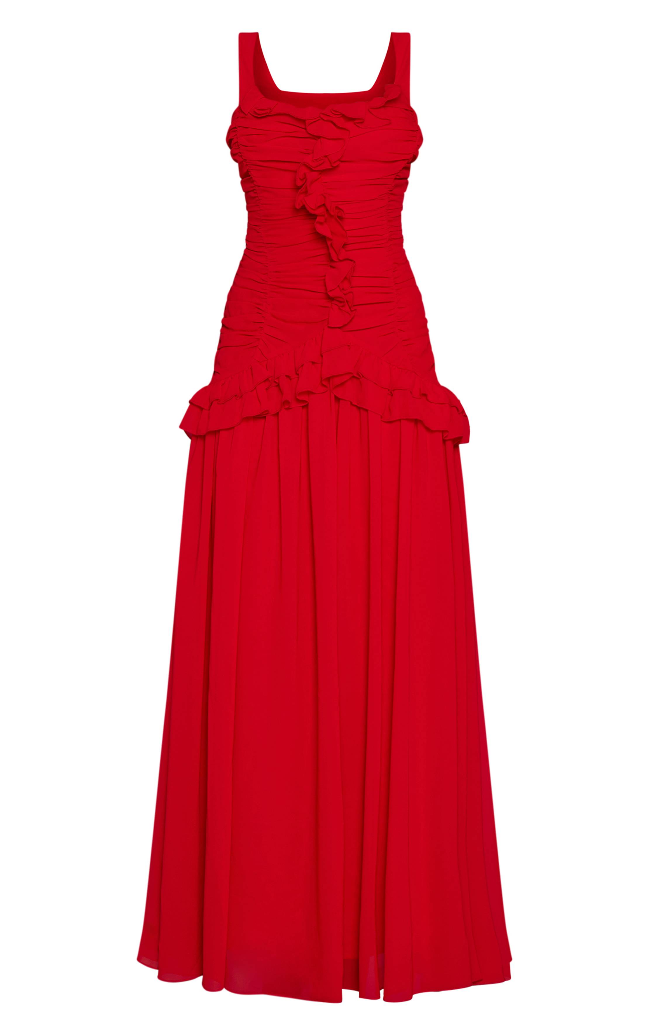 Rouge Robe Longue En Mousseline Froncée À Volants