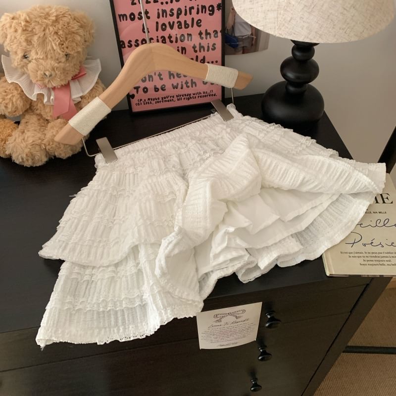 Flowerisque - Hoge taille, effen kanten rand, gelaagde mini-A-lijn rok