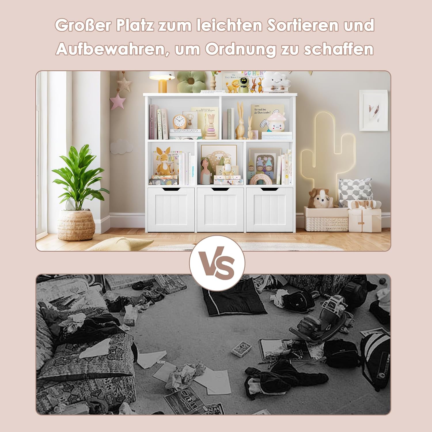FOREHILL Kinderregal mit Boxen auf Rollen, Kinderzimmer Möbel, Spielzeugregl, Aufbewahrungregal,Bücherregal für Kinder, Kinderschrank, Regal mit 3 Boxen 100x33x89.5cm weiß