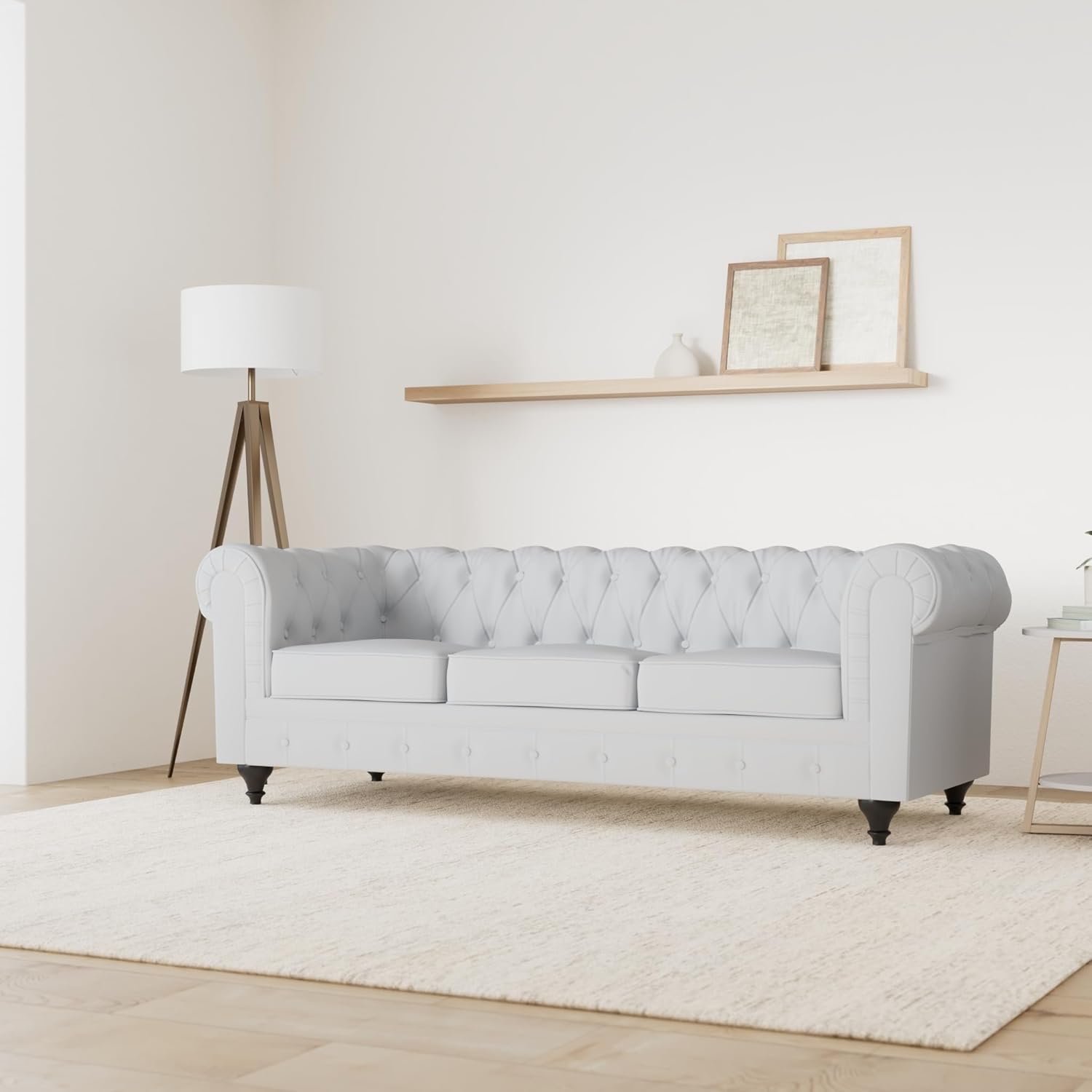Canapé Fixe Chesterfield Aliza, 208cm x 82cm x 70cm, 3 Places, Blanc OC6106051