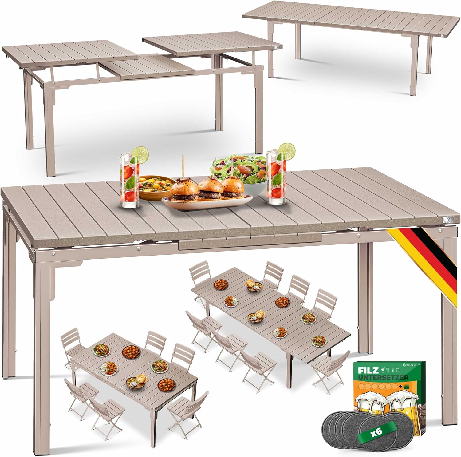 KESSER® Gartentisch ausziehbar Esstisch 180/240x90cm erweiterbar bis 8 Personen Ausziehtisch mit pulverbeschichtetem Stahl-Gestell & HDPE Tischplatte Wetterfest & UV-Beständig inkl. 6