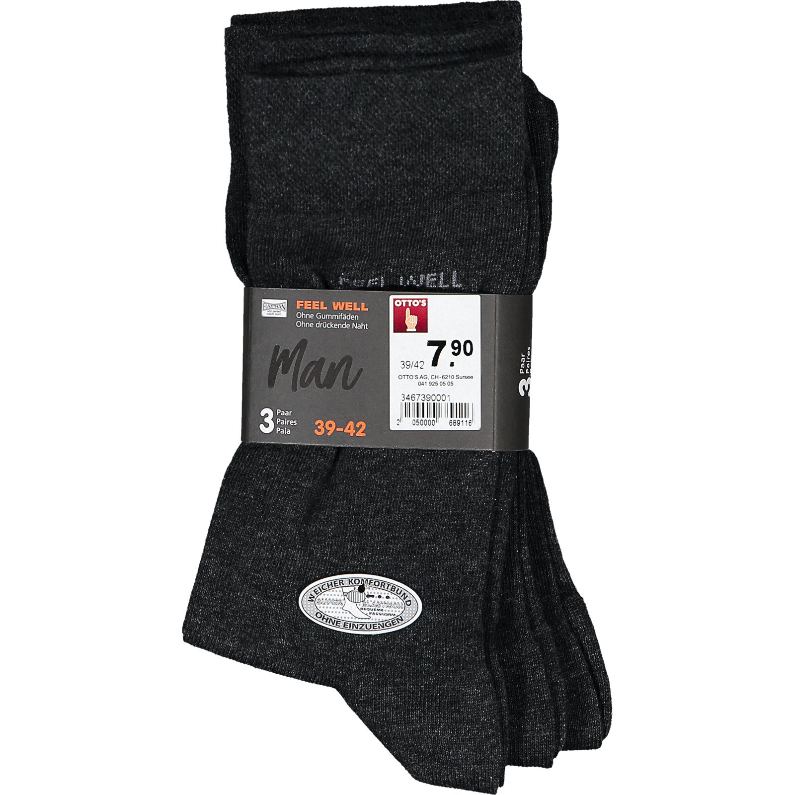 Feel Well Herren-Socken uni, 3 Paar 43-46, anthrazit