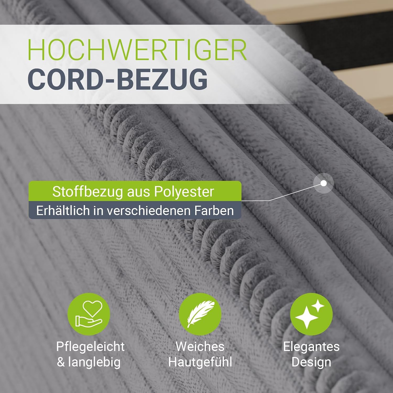 Juskys Polsterbett Salerno 140 x 200 cm – Cord Grau, modernes Bett mit Kopf- & Fußteil, stabilem Holz- & Metallrahmen, Lattenrost, 500 kg Tragkraft