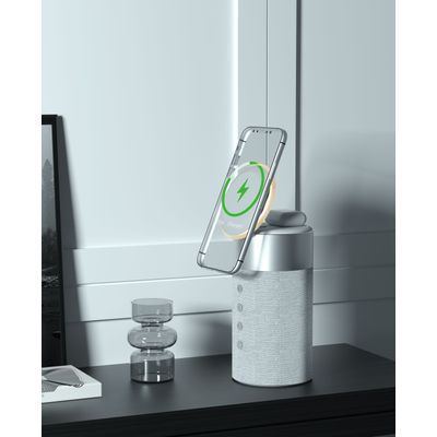 Force Play - Double chargeur sans fil (15W + 5W) Compatible MagSafe + Enceinte Bluetooth Silver