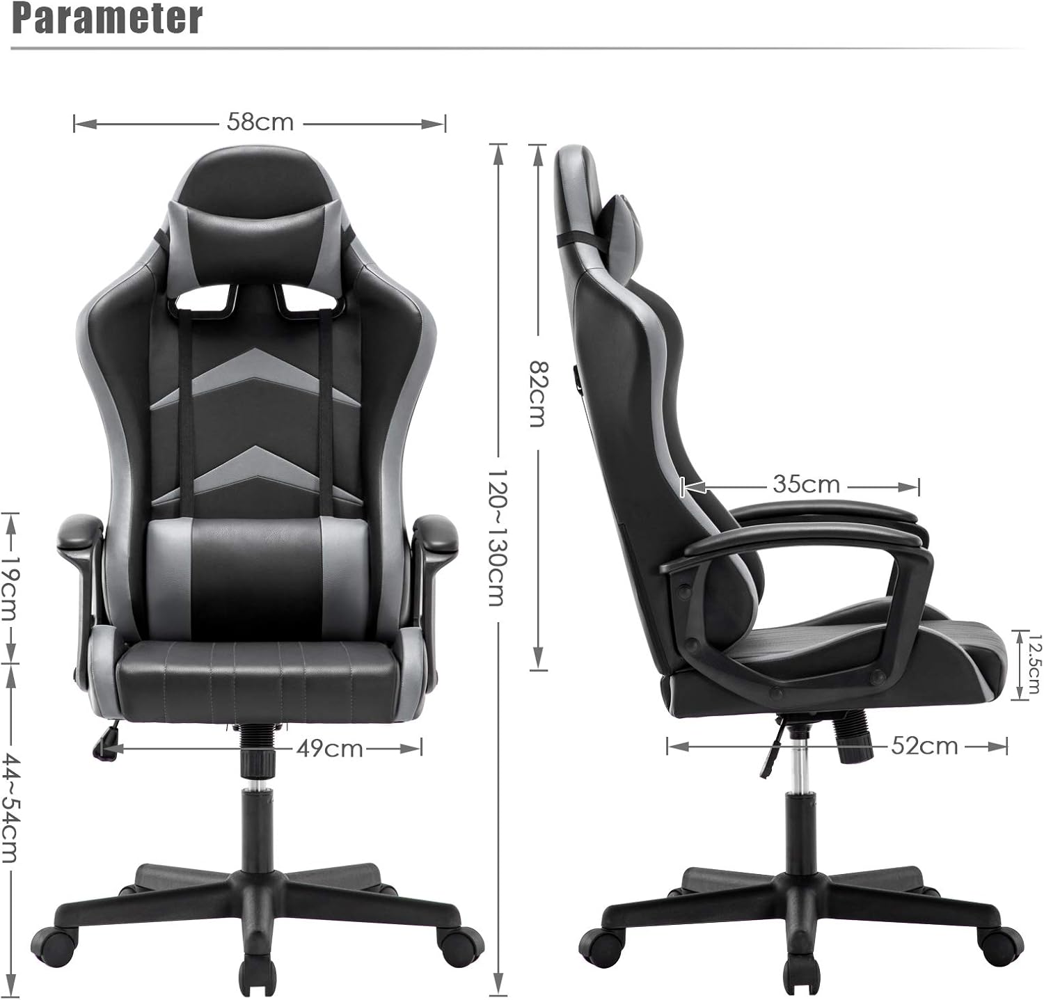 IntimaTe WM Heart Gaming Stuhl, Bürostuhl mit Verstellbarem Kopfkissen und Lendenkissen, Ergonomischer Schreibtischstuhl, Racingstuhl mit Hoher Rückenlehne, 52 x 49 x 130cm (Grau)