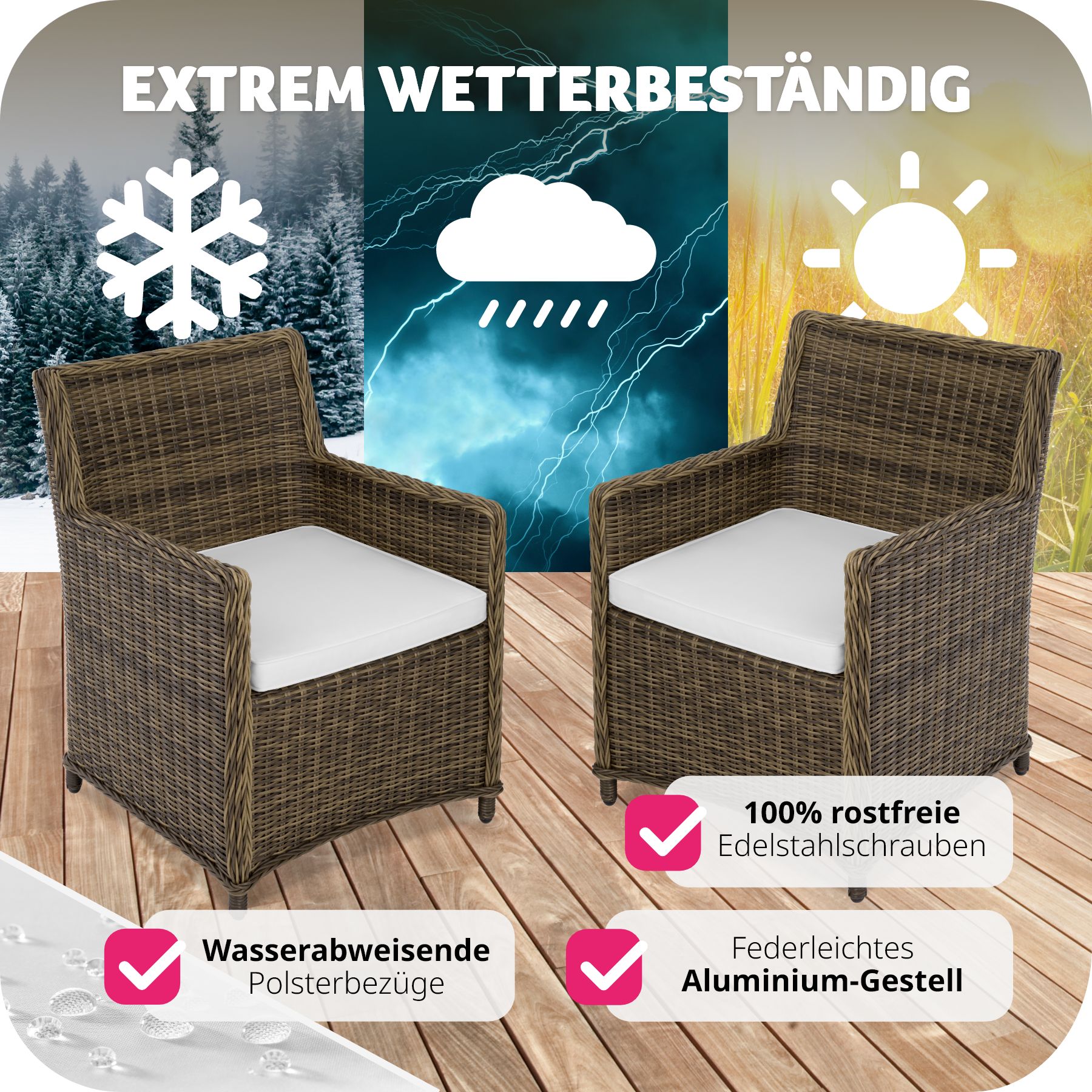 tectake® 2er Set Rattanstuhl, mit Aluminiumgestell, natürlich nachempfundenes Geflecht, 60,5 x 60,5 x 85 cm