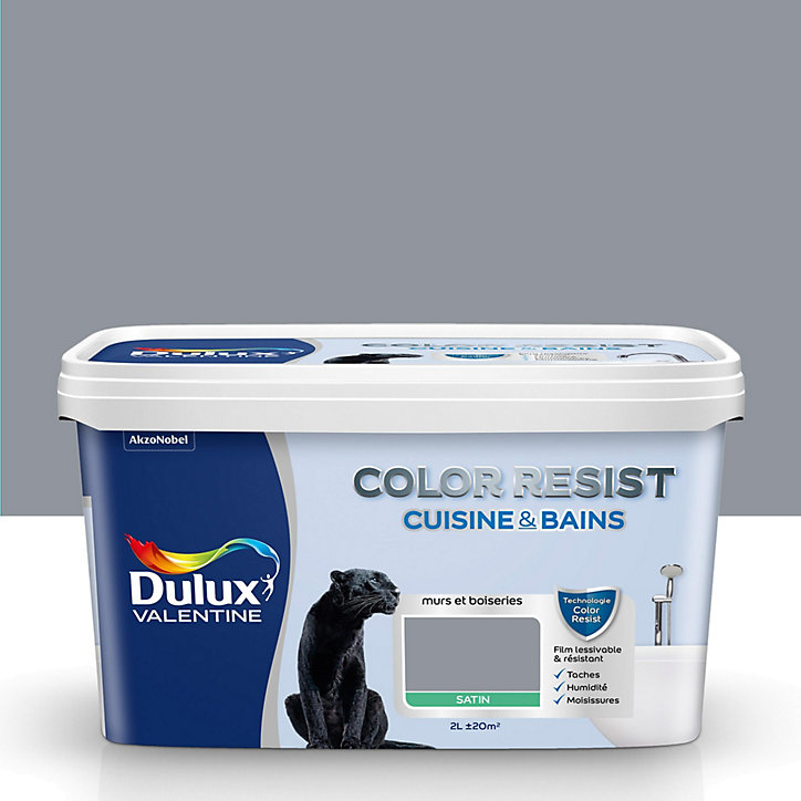 Peinture cuisine et salle de bains Dulux Valentine Color Resist gris building satin 2L