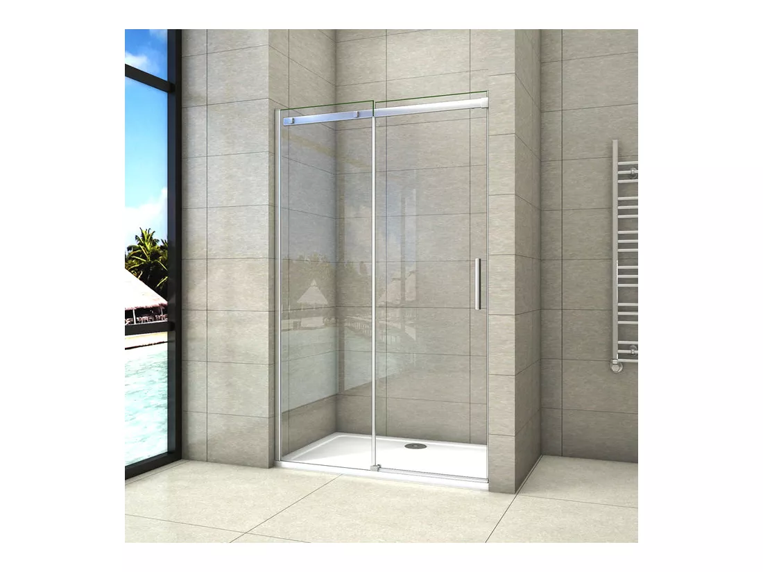 Porte de douche coulissante 160x195cm, porte de douche installée en niche, verre de sécurité anticalcaire 8mm, profilé chromé