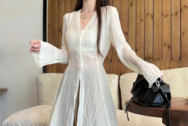 Vhancy - Ronde hals effen asymmetrische oversized trui / Lange mouwen V-hals doorschijnende blouse met knoopjes en split / Culottes met hoge taille