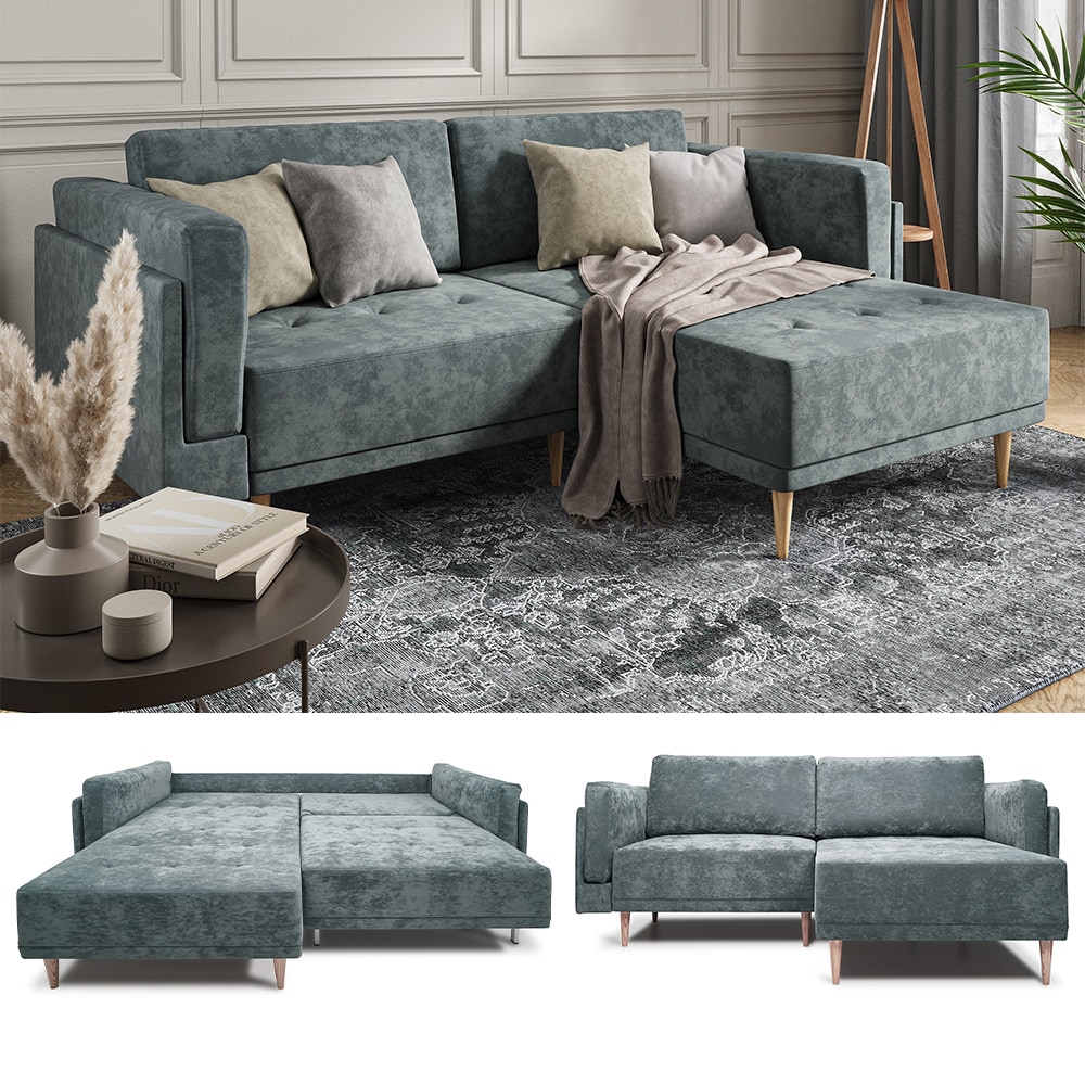 VitaliSpa Ecksofa Schlafsofa Gästesofa Cali Grau Schlaffunktion 236 x 97 cm modern Wohnzimmer Sofa Wohnzimmercouch Boxspringsofa Loungesofa Loungeecke Schlafcouch Taschenfederkern ausziehbar