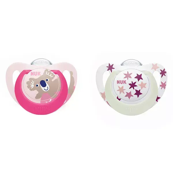 Chupeta de silicone Nuk Starlight +6m com estampa de coala rosa e estrelas (pacote com 2 unidades)