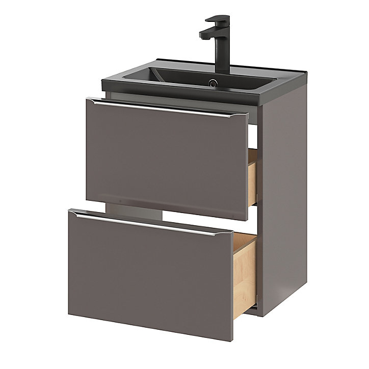 Ensemble salle de bains l.50 cm meuble à suspendre faible profondeur Imandra gris taupe brillant + plan vasque céramique noir