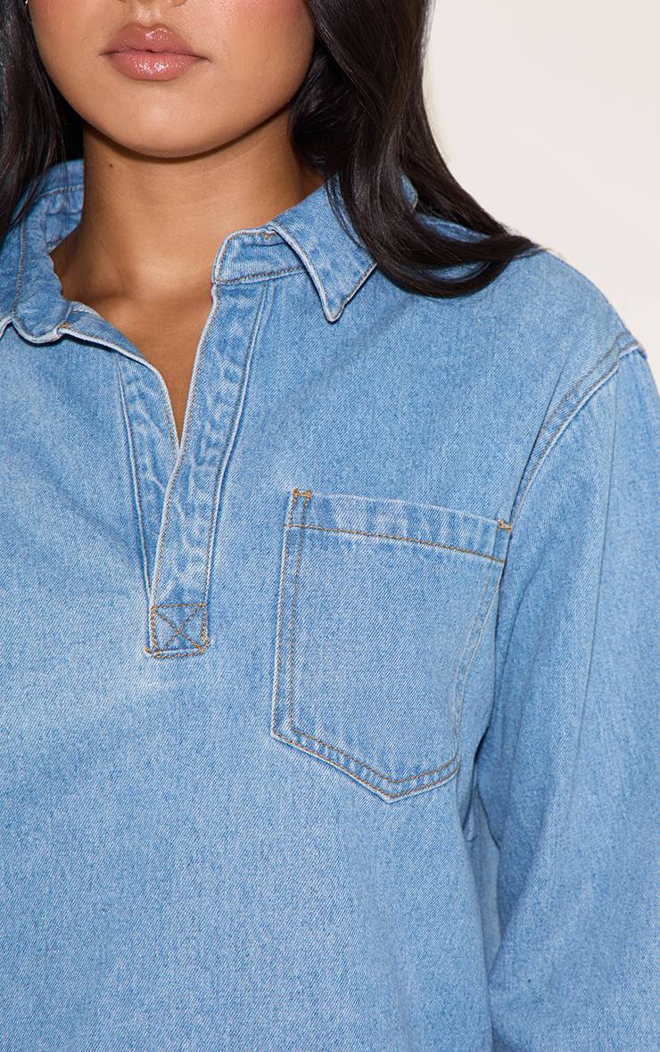 Mid Blue Wash Chemise En Denim Oversize Style Rugby