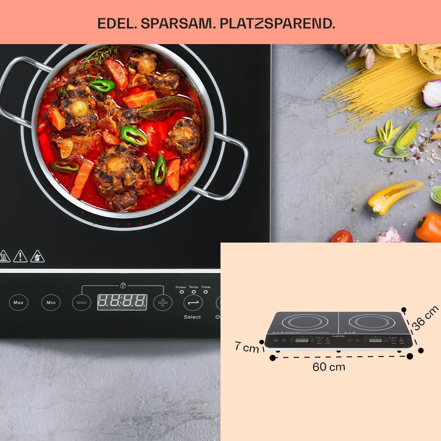 Klarstein VariCook Slim Doppel-Induktionskochfeld 3500W, 240°C, 10 einstellbare Leistungsstufen, Glasoberfläche, Timer, Touch-Steuerung über Oberfläche, Schwarz